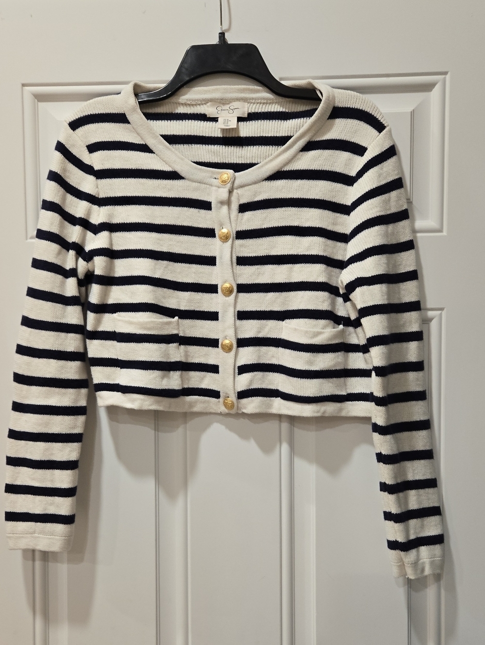 Jessica Simpson Cropped Striped Cardigan in Off-White and Navy